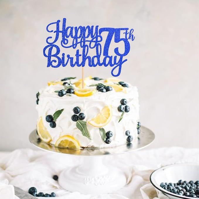 1 PCS Happy 75th Birthday Cake Topper Glitter Cheers to 75 Years Birthday Cake Pick Seventy Five 75 Fabulous Cake Decoration for Happy 75th Birthday Theme Party Decorations Supplies Blue