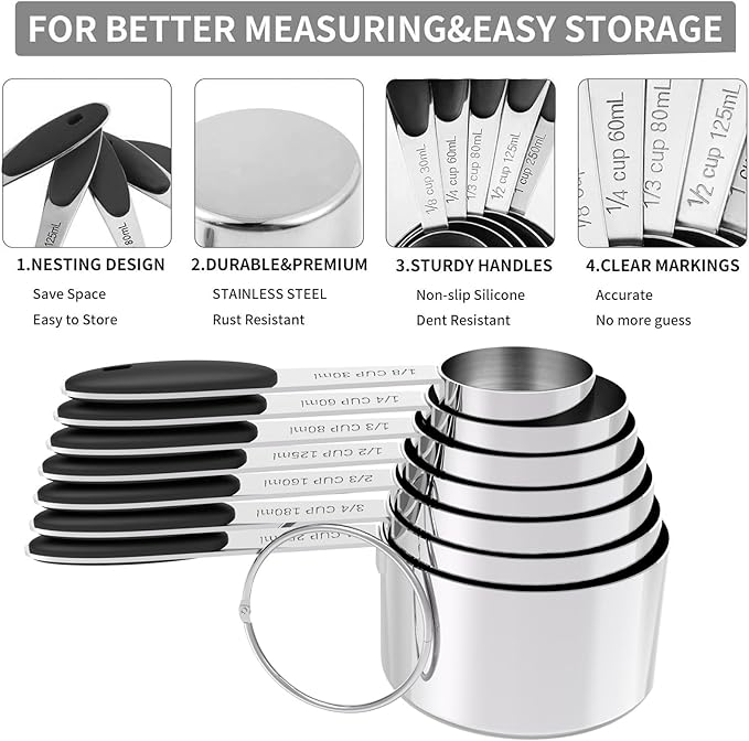 TILUCK Stainless Steel Measuring Cups and Spoons Set with Silicone Handle – Nesting Design for Space-Saving, Heavy Duty & Dishwasher Safe for Dry/Liquid Ingredients, Cooking & Baking (12)