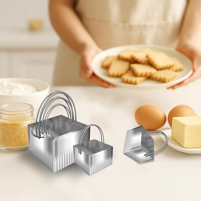 Square Biscuit Cutter Set - 5 Pcs Wave Cookie Cutters with Fluted Edge, Stainless Steel Cookie Shaper with Handle for Dough Cutting Baking Tools