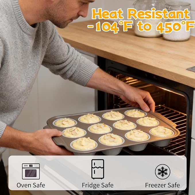 Silicone Muffin Baking Pan, 12 Cups, Grey | No Paper Liners Needed,Reinforced Metal Frame,Non-Stick Easy Release,Oven & Dishwasher Safe, BPA Free