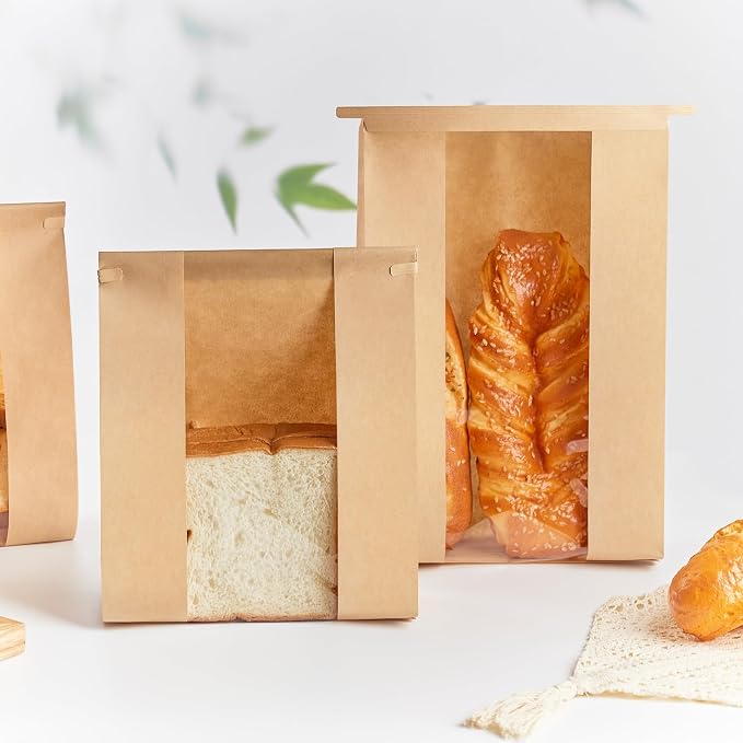 Ohuimrt Large Paper Bread Bags for Sourdough Bread, 100 PCS | 13.7 x 8.2 x 3.5 Inches,with Tin Tie Tab Lock, Bakery Bags with Window, Homemade Bread Loaf Bags