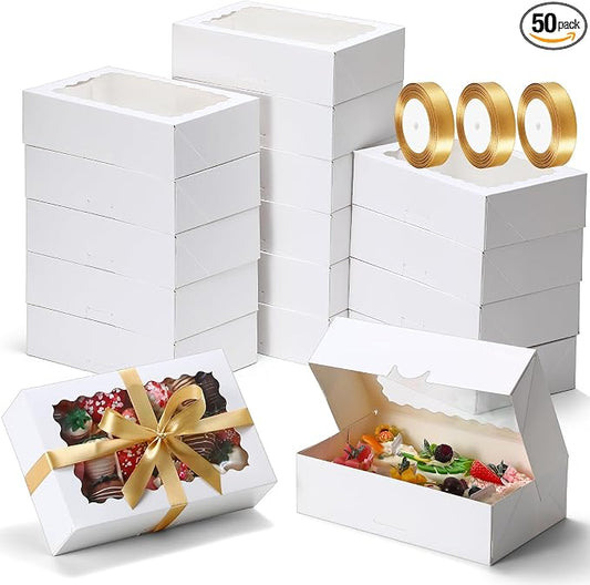 COTOPHER Auto Pop Up Cookie Box with Window 9x6x2.5 Inches – 50 Pack White Bakery Boxes with Gold Ribbon for Birthday Party Favors, Wedding, Christmas Gift Packaging for Cookies, Candy, Macarons