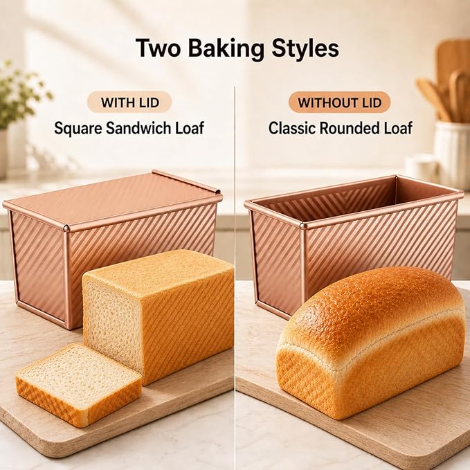 Pullman Loaf Pan with Lid, Aluminized Steel 1 Lb Nonstick Sandwich Bread Pan for Homemade Bread, 8.4x4.8 Inch Professional Rectangular Loaf Pan with Dough Scraper and Cutter