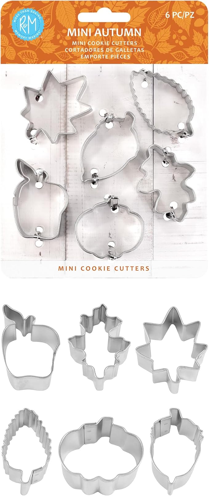 R&M International Mini Autumn Leaf Cookie Cutters, Acorn, Pumpkin, Oak, Maple, Aspen, Apple, 6-Piece Set in Gift Tin