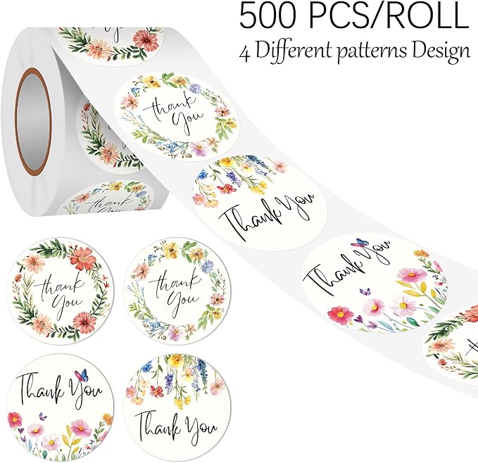 Louise Maelys 1.5" Thank You Stickers Roll - 500 PCS Flowers Stickers Labels with Floral Designs for Small Business, Bakery, Handmade Crafts, Envelopes (4 Repeating Patterns)