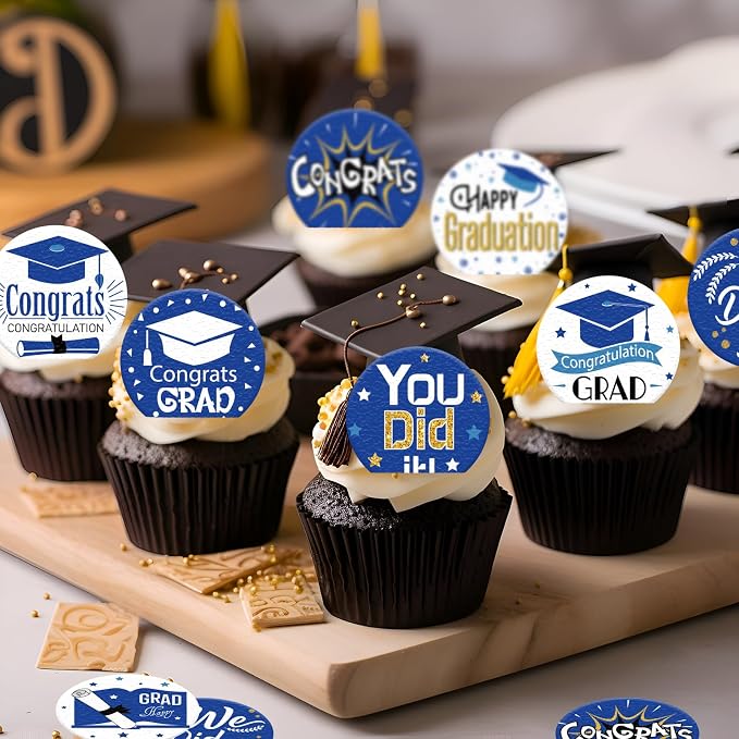 36PCS Edible Graduation Cap Cupcake Toppers Wafer Paper Grad Cap Diploma Cake Decorations Edible Grad Cap Cupcake Picks for 2026 Grad Theme Party Cake Decor Supplies (Blue)