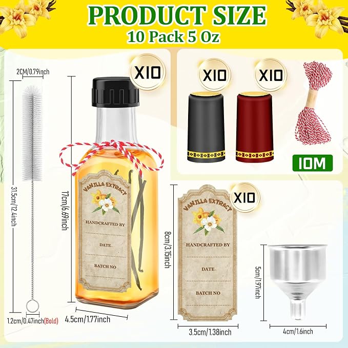 10-Pack Glass Vanilla Extract Bottles 5 oz with Lids, Labels, Shrink Bands & Funnel – Ideal Glass Jars for Syrup, Extract, and Essential Oils