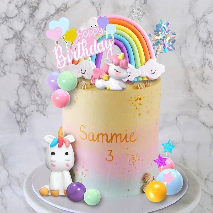 18 PCS Unicorn Cake Topper, Unicorn Rainbow Cake Decorations with Rainbow Stars Unicorn Foil Firework Balls Happy Birthday Cake Decorations (Style 1)