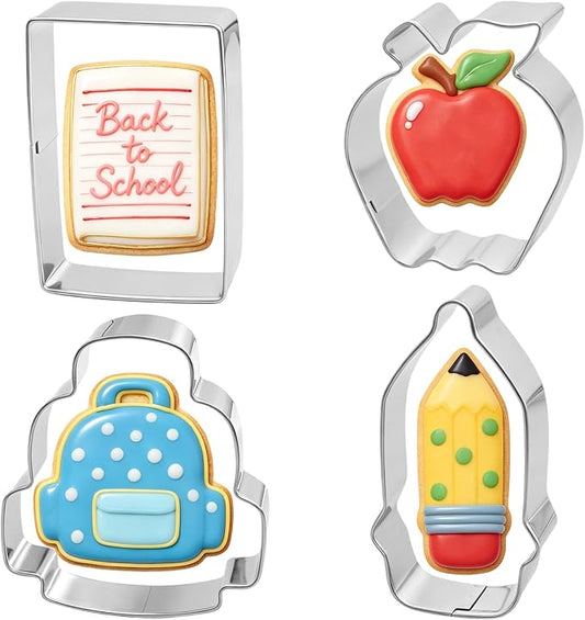 Back to School Cookie Cutters, 4 Pcs Stainless Steel Themed Shapes with School Bag Book Apple Pencil Cookie Cutter Sets Biscuit Molds Cake Cheese Fruit Cutter for DIY Home Classroom Baking Kit