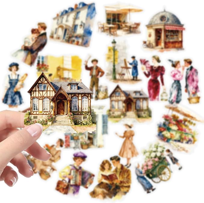 50 pcs Vintage European Town Clear PET Stickers, Paris Street Cafe Building People Transparent Die-Cut Decals, Waterproof Stickers for Journal Scrapbook Planner DIY Travel Craft Decor