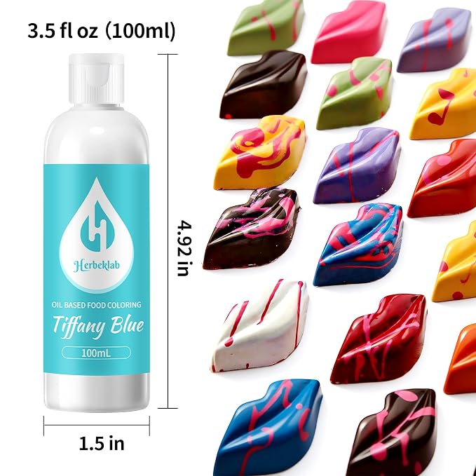 Tiffany Blue Oil Based Food Coloring for Chocolate – Herbeklab 100ml Professional Concentrated Oil Food Dye for Candy Melts, Chocolate, Cake Pops, Strawberries & Baking