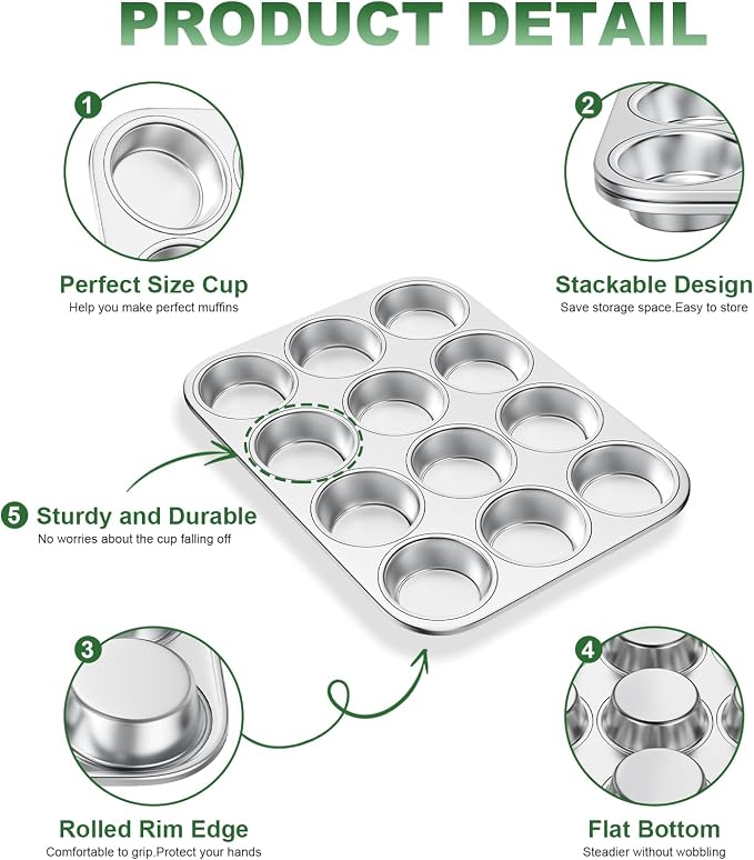 12-Cup Stainless Steel Muffin Pan, Cupcake Pan Metal Muffin Baking Tins for Oven & Dishwasher Safe, Cupcake Pans for Baking Non-toxic & Easy Clean Set of 2 ﻿