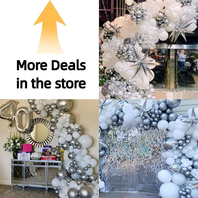 Bezente White Silver Balloon Garland Kit,100Pcs White Silver Metallic Chrome and Silver Confetti Balloons with Balloon Tape for Winter Wonderland Wedding Prom Special Events Party Winter Decor