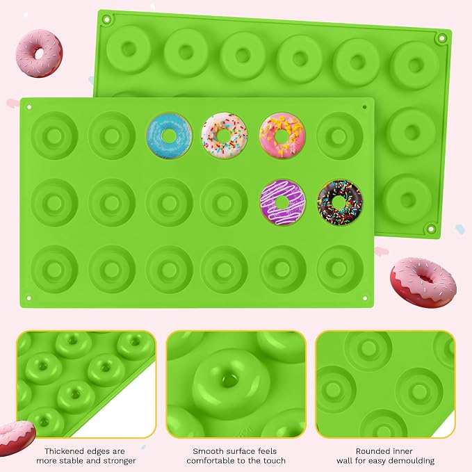 2er Pack Silicone Donut Mold - Non-Stick Silicone Doughnut Pan DIY Chocolate Baking Cookie Molds, Heat Resistant, Make Donut Cake Biscuit Bagels, BPA Free Dishwasher Safe (green, 18 Cavities)