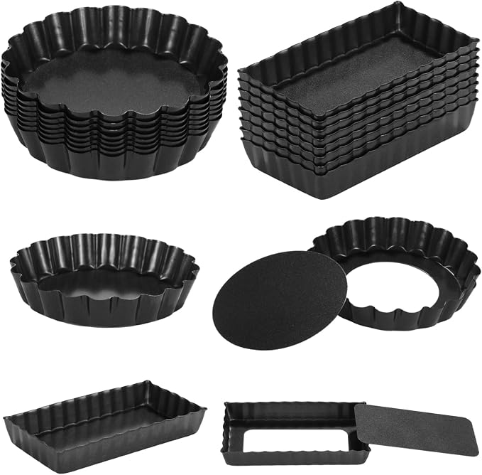 Mini Tart Pans With Removable Bottom Nonstick Quiche Pan, 8Pieces Round and 8Pieces Rectangle Pie Pans, 4 Inches Carbon Steel Mini Pie Pans, Fluted Side Dessert Baking Mold Set for Egg Tarts