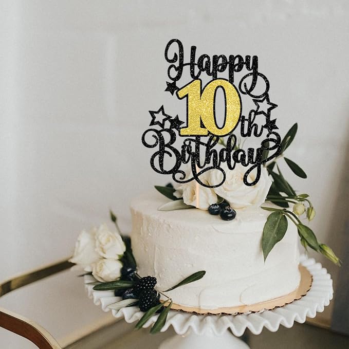 1 PCS Happy 10th Birthday Cake Topper Black Gold Glitter Cheers to 10 Years Birthday Cake Pick Hello 10 Fabulous Cake Decoration for Happy 10th Birthday Anniversary Party Decorations Supplies