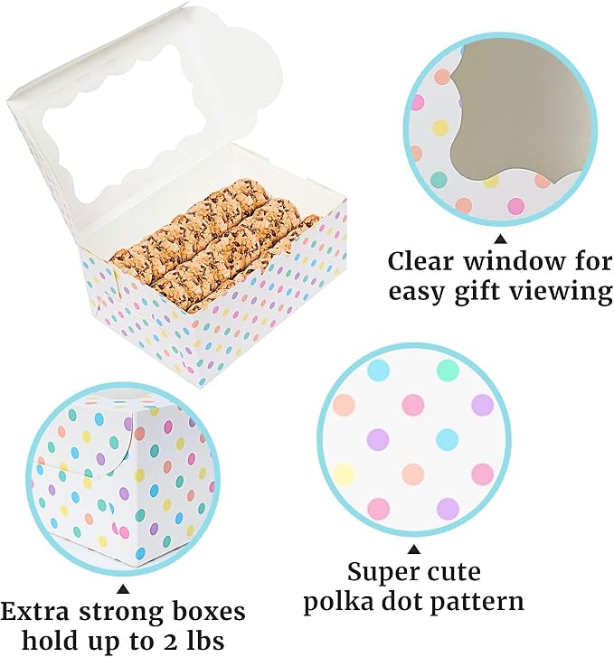 Perfect Occasion Polka Dot Cookie Boxes - 12 Pack - Pastel Polka Dot Cookie Boxes with Window - for Easter, Birthdays, Cupcakes, Pastries - Large Size Easily Fits a Dozen Cookies - 12 pcs
