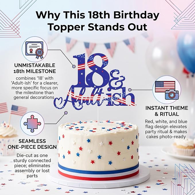 18th and Adultish Birthday Cake Toppers, Patriotic Cake Decoration for Boys and Girls Birthday Anniversary Party Decor Supplies
