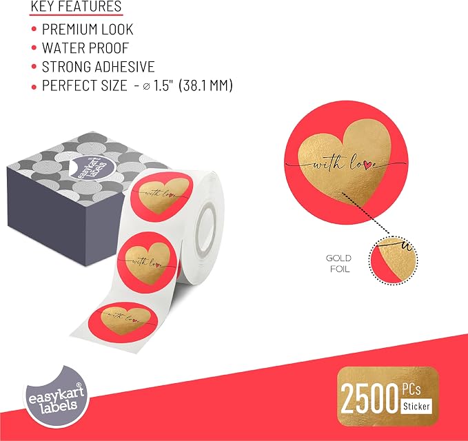 asykart Labels 2500 with Love Stickers with Gold Foiling, 1.5 Inch Size Best Suitable for Anniversary, Birthday's, Valentine's Day Gifting, Decoration,Theme Parties .…