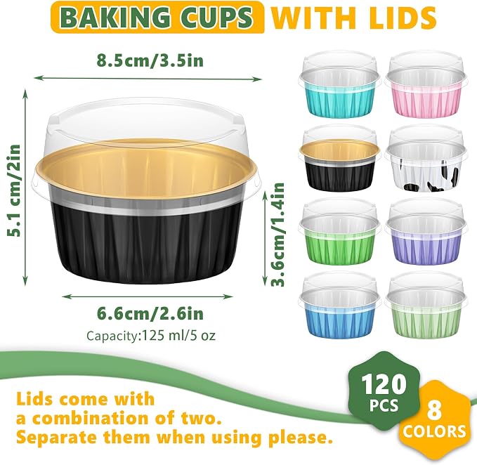 Eaasty 120 Pcs Aluminum Foil Baking Cups Mini Cake Pans with Lids 5 oz Cupcake Liners Disposable Muffin Tins Wrappers Baking Foil Ramekins Pans Aluminum Cupcake Cups for Birthday Party (Bright Color)