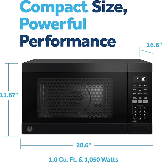 GE 4-in-1 Countertop Microwave Oven, 1.0 Cu Ft, 1050W Convection Microwave with Air Fry & Broil, Compact and Quiet, Black, Ideal for Apartments, Dorms & Offices, GCST10A1WBB