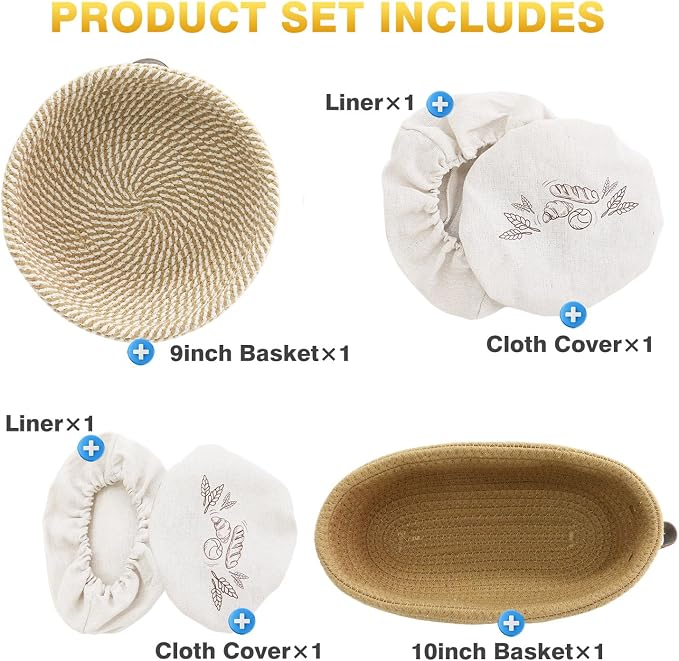Nikkar Banneton Bread Proofing Basket Set of 2, 9 10 11 inches | Round & Oval Cotton Rope Sourdough Bread Baking Supplies Proofing Bowls with Liners & Covers Gifts for Bakers Women Wife Mom