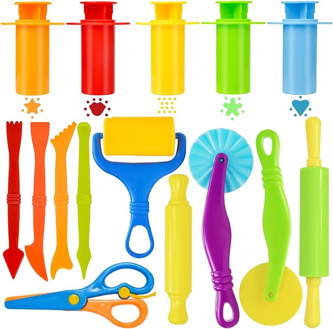 Dough Tool Set, 15 Pcs Basic Dough Tools Kits for Kids, Dough Accessories Includes Cutters Roller, Rolling Pins, Safety Scissors, Plastic Knife