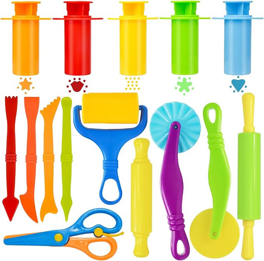 Dough Tool Set, 15 Pcs Basic Dough Tools Kits for Kids, Dough Accessories Includes Cutters Roller, Rolling Pins, Safety Scissors, Plastic Knife