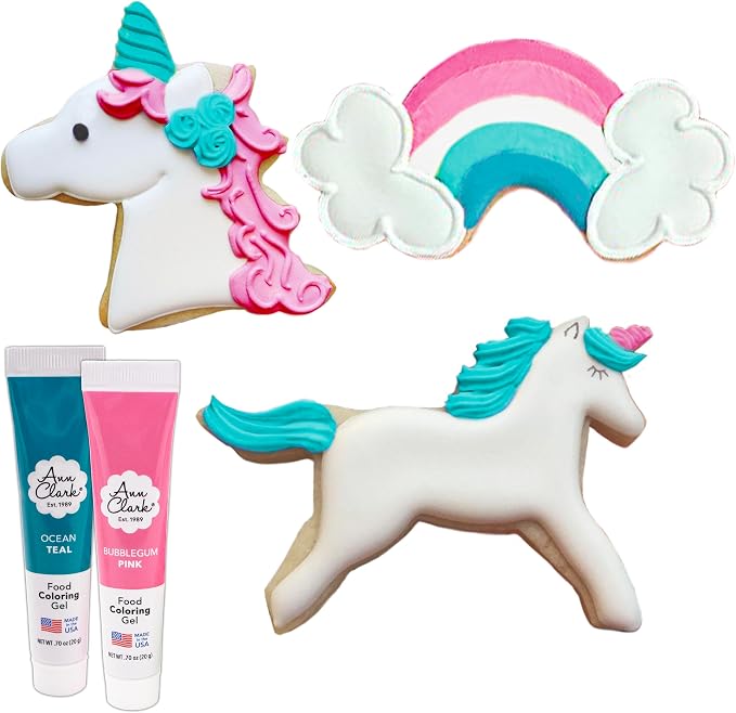 Ann Clark Unicorn Cookie Cutters and Decorating 5-Pc. Set - Made in USA With Head, Rainbow, Pink & Ocean Teal Food Coloring Gel