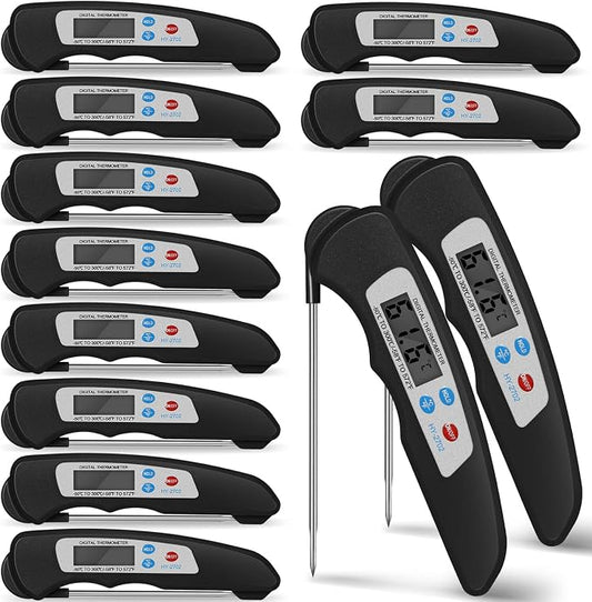 Xuhal 12 Pcs Digital Meat Thermometer with Probe Waterproof Instant Read Foldable Food Thermometer with Magnet for Kitchen Grilling Cooking Turkey Baking BBQ (Black)