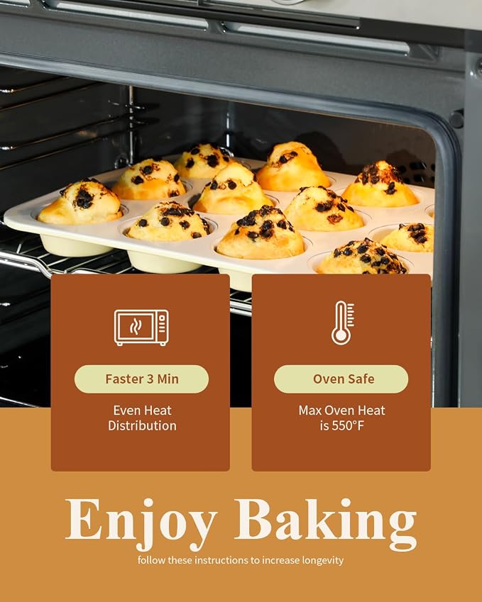 Nonstick Ceramic 12 Cup Muffin Pan, Cupcake Pan for Baking, Non-Toxic Muffin tin, Ceramic Coating, PTFE & PFOA Free, Oven Safe 550°F, Aluminized Steel (Yellow)