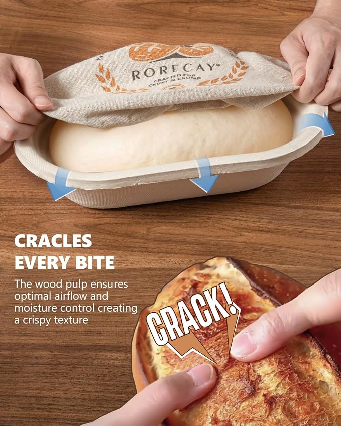 Wood Pulp Banneton Bread Proofing Baskets Set of 2, 11 Inch Oval 1.65LB Sourdough Banneton Basket with Liner, Non-Stick Dough Proofing Bowl for Rising and Baking