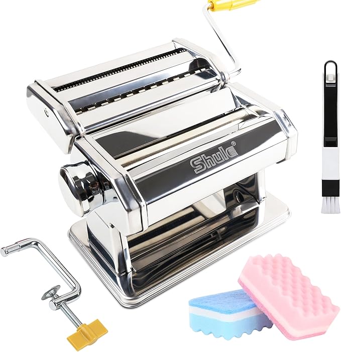 Pasta Maker Machine With 7 Adjustable Thickness Settings, Stainless Steel Manual Noodle Maker,Pasta Roller& Cutters With Removable Handle and Clamp For Kitchen (G-1380+Brush + Sponge)