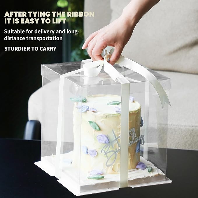 24 Pcs Clear Gift Box with Ribbon 2-Layer 6.7x6.7x7.8 Inch, Transparent Cake Carrier Box with Lids, PET Tall Cake Packaging Boxes, Clear Gift Boxes for Birthday,Wedding and Festival Party
