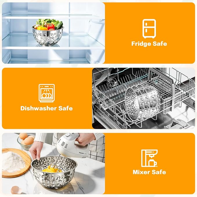 5-Piece Stainless Steel Mixing Bowls (4.9/4.2/3.2/2.1/1.6QT), Hammered Design Nesting Metal Mixing Bowl Set for Kitchen Meal Prep, Movie Night and Party