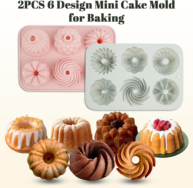 2Pcs Mini Cake Pans for Baking, 6-Cavity Fluted Tube Cake Pan Non-Stick, Silicone Molds for Baking, Cake Pan for Cupcakes, Donuts, Cornbread, Brownies, Jellies