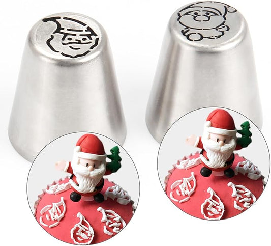 2PCS Christmas Russian Icing Tips Set, Stainless Steel Piping Nozzles for Cake, Cupcake Cookie Decorating – Includes 2 Creative Festive Frosting Tips with Christmas Designs