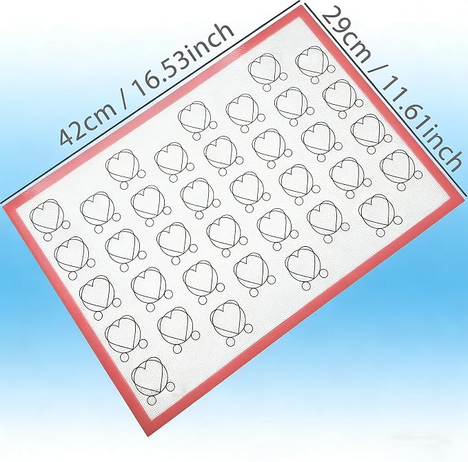 Silicone Macaron Baking Mat, 2 Pack, Non-Stick, Heart Pattern Template, 16.53 x 11.61 Inch, Pink Border, 0.7mm Thick, Professional Pastry Sheet