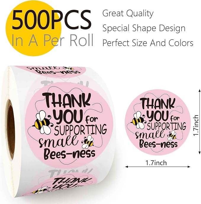 Pink Thank You for Supporting Small Business Stickers Roll，Cute 1.7 Inch Round Waterproof Labels – Packaging Seals for Orders & Bags – 500 PCS