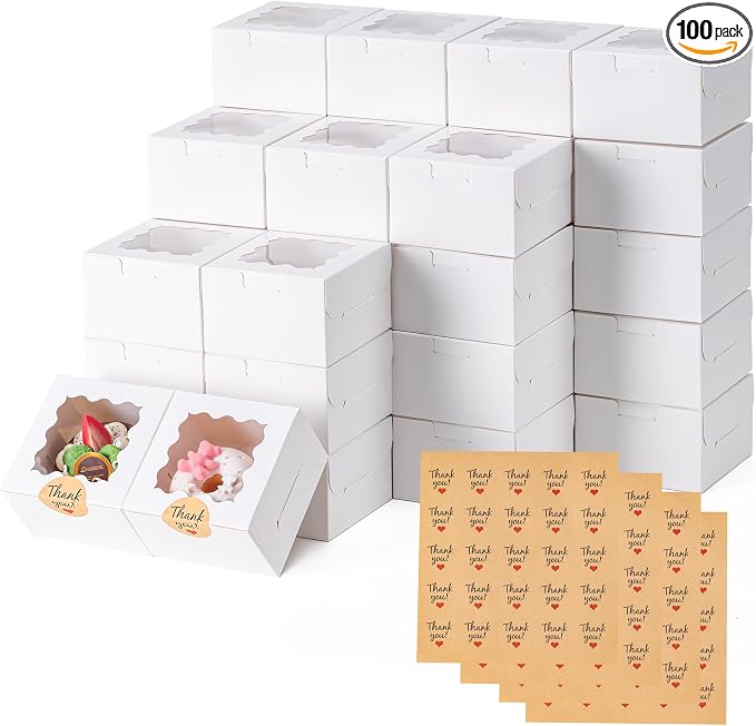 100pcs Cookie Boxes with Window, 4x4x2.5 Inches Bakery Boxes with 100pcs Stickers for Cookies, Bakery, Desserts, Candy, Chocolate Covered Strawberries, Mini Cake (White)