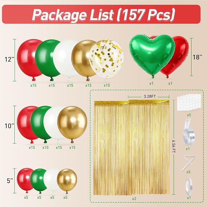 Red Green White and Gold Christmas Balloon Garland Arch Kit with Fringe Curtain for Birthday Baby Shower Winter Wedding Holiday Office Ugly Sweater Party Decorations