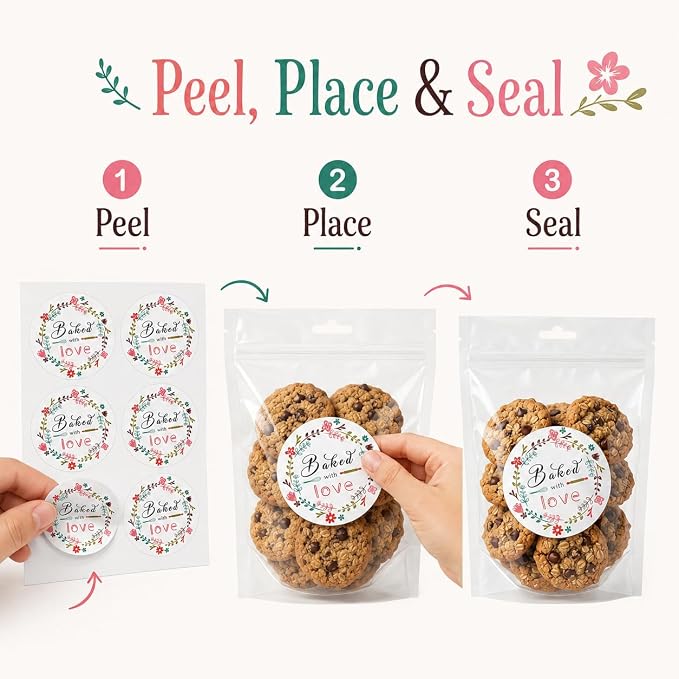 Baked with Love Bakery Sticker Seals: 120 PCS 1.6 Inch Round Matte Paper Stickers for Cookie Bags, Treat Bags, Bakery Boxes and Homemade Baked Goods Packaging