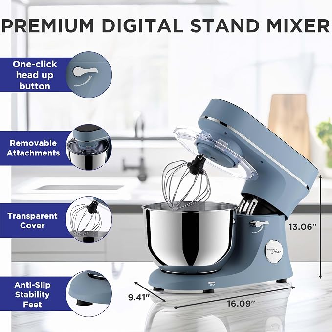 Magnavox Home, 6.3 qt Digital Touchscreen Stand Mixer, 11 Speeds, Blue