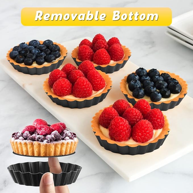 Tessco for you 16 Pcs Mini Tart Pans for Baking, 3 Inch Quiche Pans with Removable Bottom, Nonstick Egg Tartlets Molds Fluted Side Bakeware for Pie Fruit Tart Cheesecake Dessert (Black Gray Round)