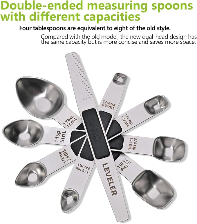 Stainless Steel Magnetic Measuring Spoons Set, Heavy Duty Metal Kitchen Gadgets for Baking & Cooking, Fits in Most Kitchen Spice Jars, Set of 4 with Leveler (Black)
