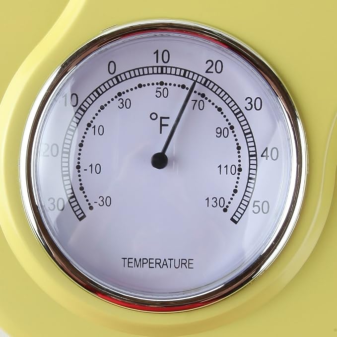 Lily's Home - 9 Inch x 12.5 Inch - Retro Kitchen Wall Clock, Vintage Wall Clock with a Thermometer and 60-Minute Timer, Ideal for Any Kitchen, Office, or Diner (Yellow)