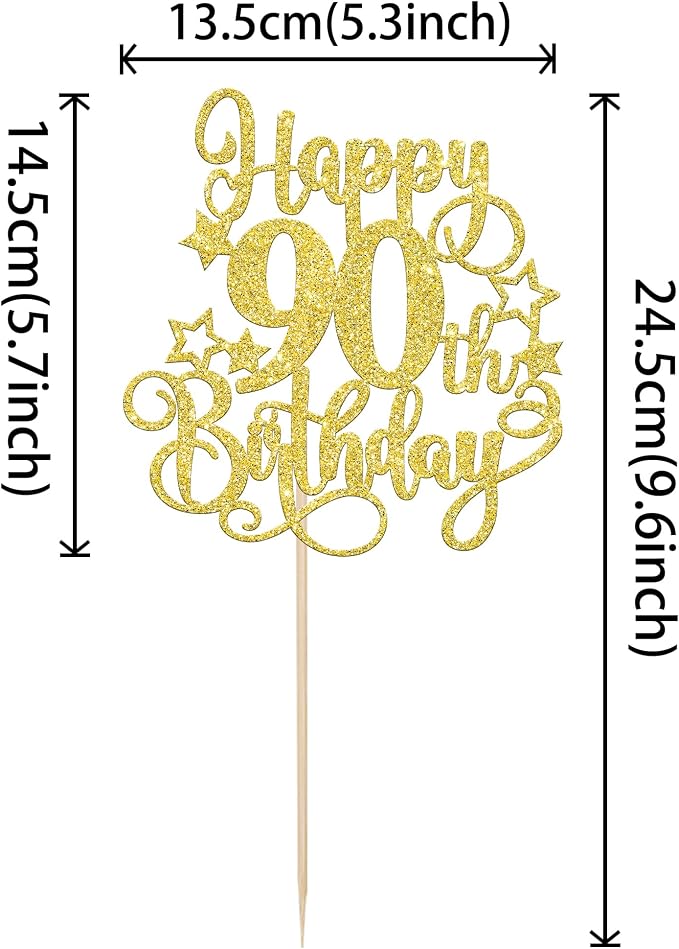 1 PCS Happy 90th Birthday Cake Topper Glitter Cheers to 90 Years Birthday Cake Pick Hello 90 Fabulous Cake Decoration for Happy 90th Birthday Anniversary Party Decorations Supplies Gold