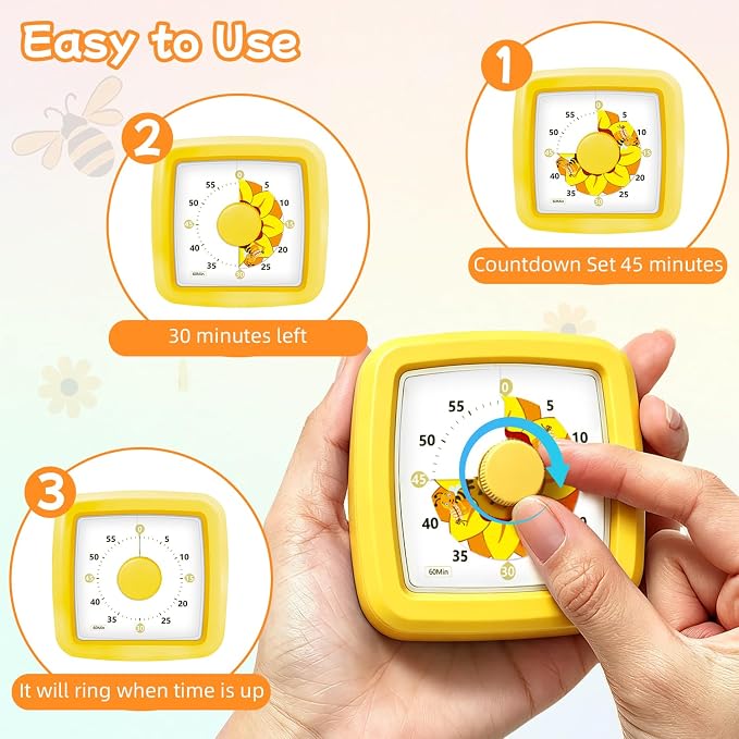 Kids Visual Timer 60 Minute – Countdown Visual Timer for Kids, Kitchen Timer for Cooking Classroom, Silent Mini Timer with Sunflower Cute Bee Pattern, Gift for Special Needs Adult Focus,Yellow