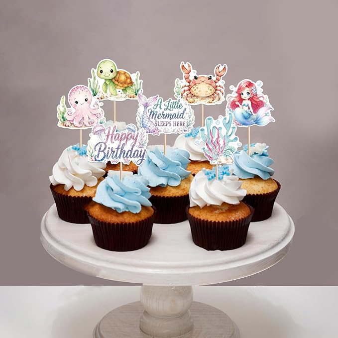 40 PCS Mermaid Cupcake Toppers Ocean Animal Cake Decorations Turtles Octopus Seashell Crab Fish Cupcake Picks Mermaid Birthday Decorations for Under the Sea Theme Baby Shower Birthday Party Supplies