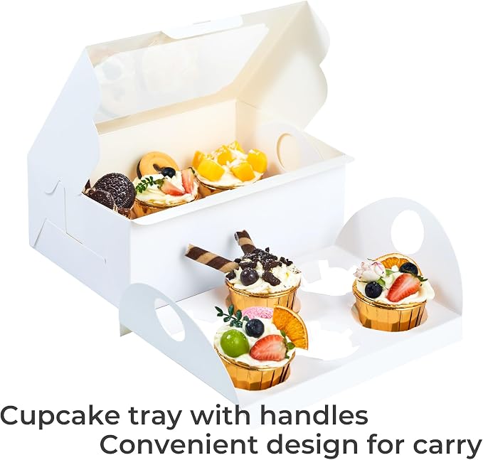 UnicoPak 20 Pack White Cupcake Boxes with Handle Tray - 4" Tall Large Muffin Boxes for 6 Cupcakes - Professional Food-Grade Cardboard Window Boxes for High Frosting, Toppers & Jumbo Treats
